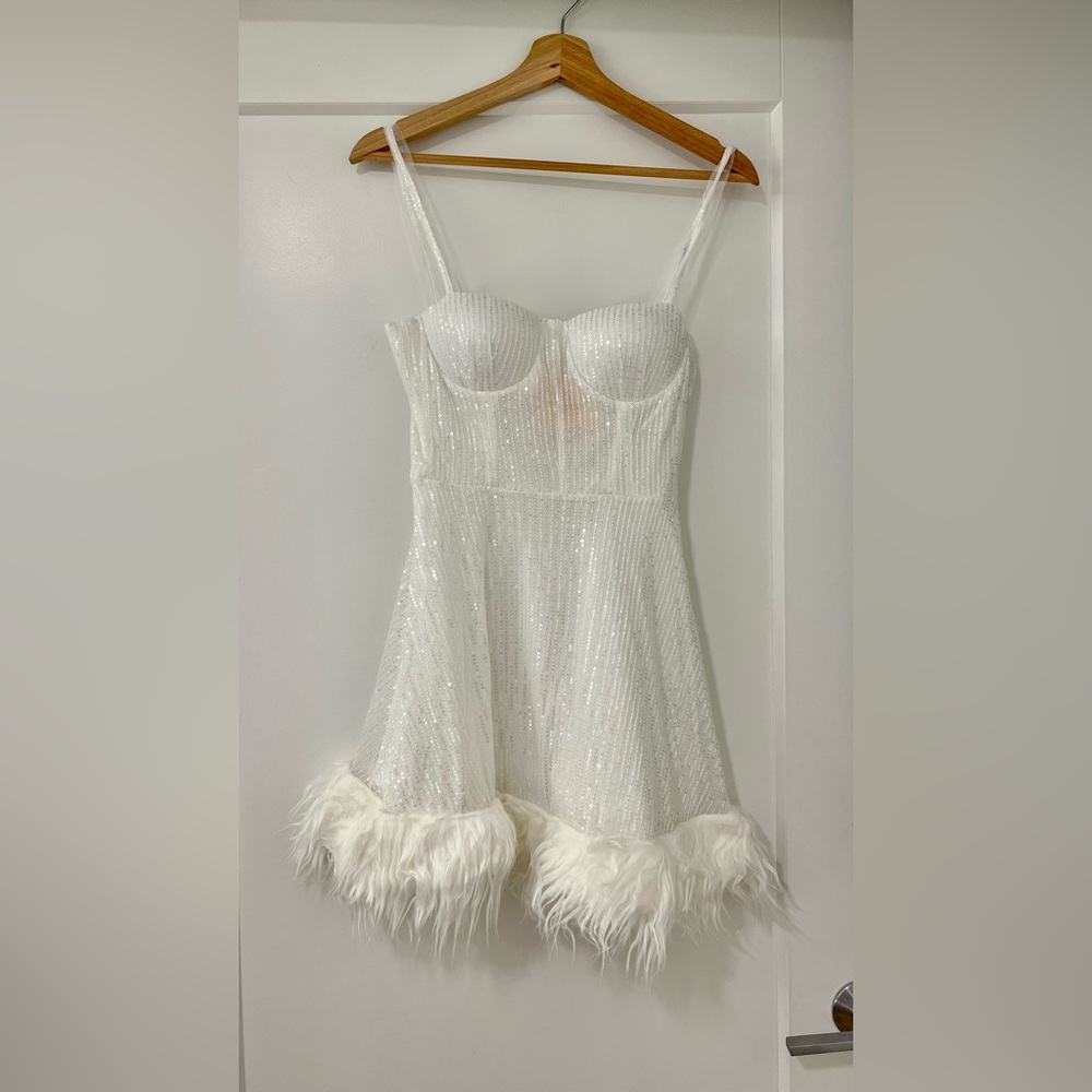 White Sequin Mini Dress with Feather Hem